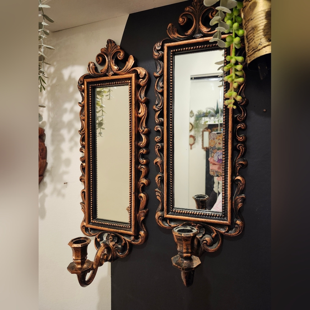 Vintage Set of MCM 1970s Mirrored Candle Holder Syroco Mirror Made in USA